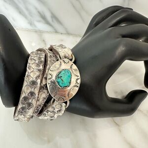 Sterling Silver Turquoise Stone Reptile Snake skin Artisan Wrap Bracelet 6 1/2"